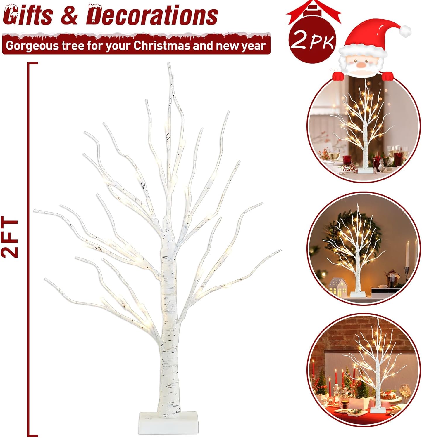 Christmas Decorations Indoor, 2 FT Birch Tree with LED Lights, Fairy Light Spirit Tree for Christmas Decor