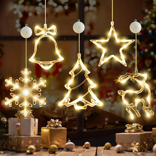 5Pcs Christmas Window Lights Decorations,Battery Powered Christmas Hanging Warm White Lighted Snowflake