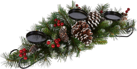 Artificial Christmas Centerpiece | Includes 3 Candle Holders, Red Berries, Pine Cones and Steal Base