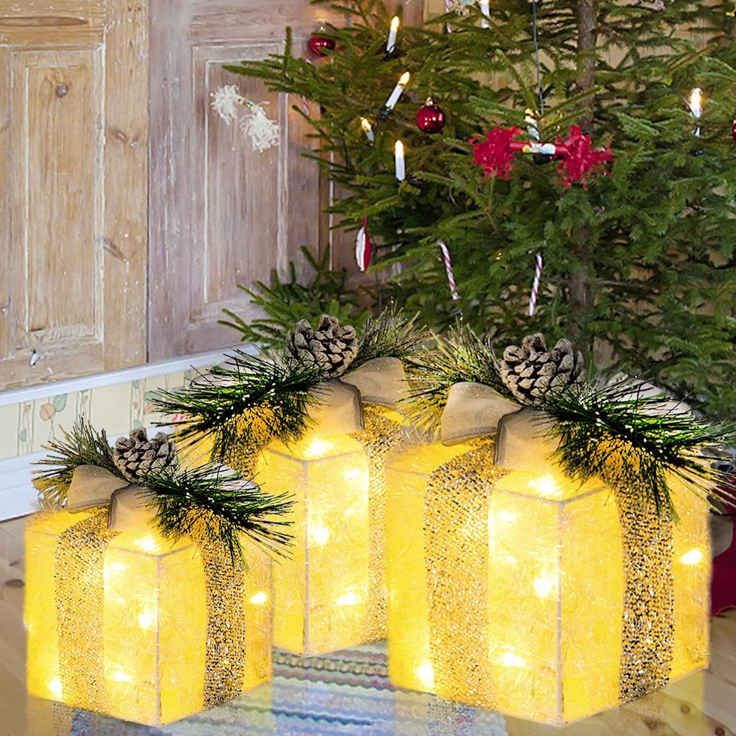 3 Christmas Lighted Gift Boxes, Pre-lit 60 LED Light Up Present Boxes Ornament Outdoor Warm White Tinsel Boxes