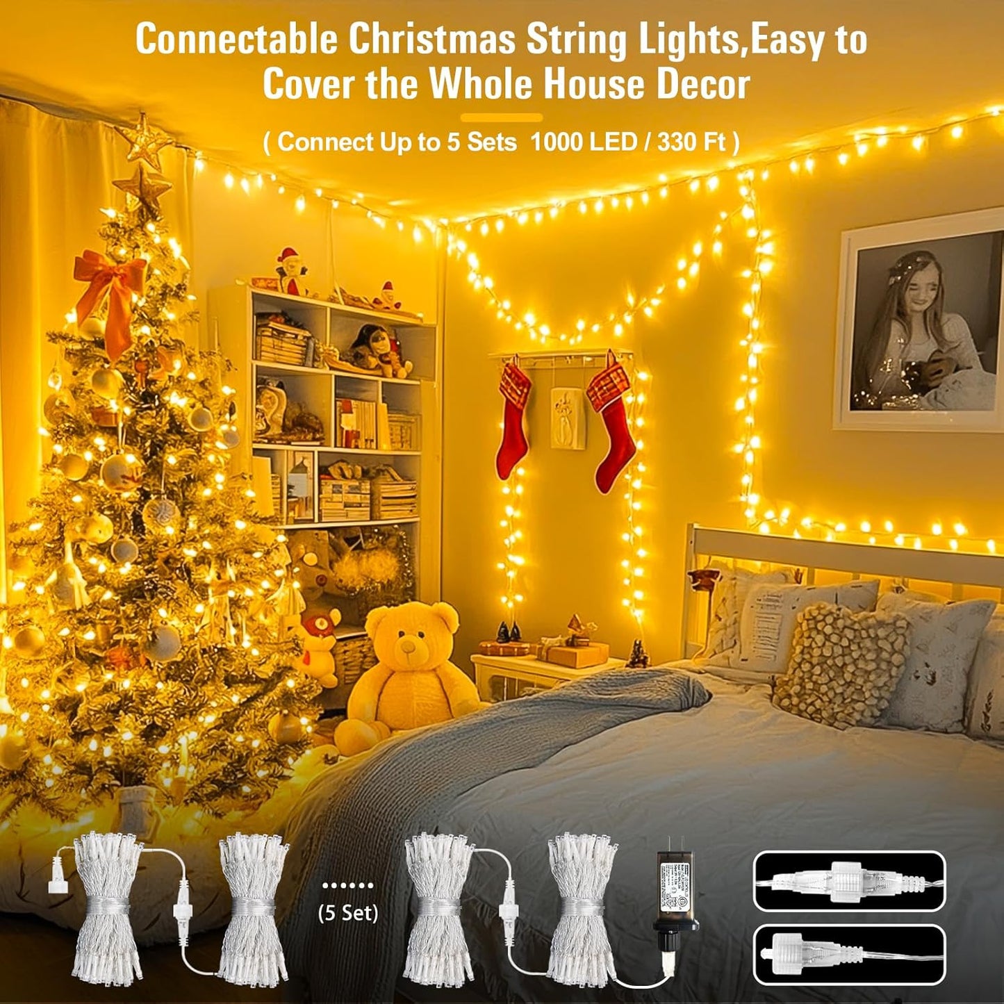 LED Christmas Lights Indoor Outdoor, Connectable Warm White Christmas Tree Lights Clear Wire