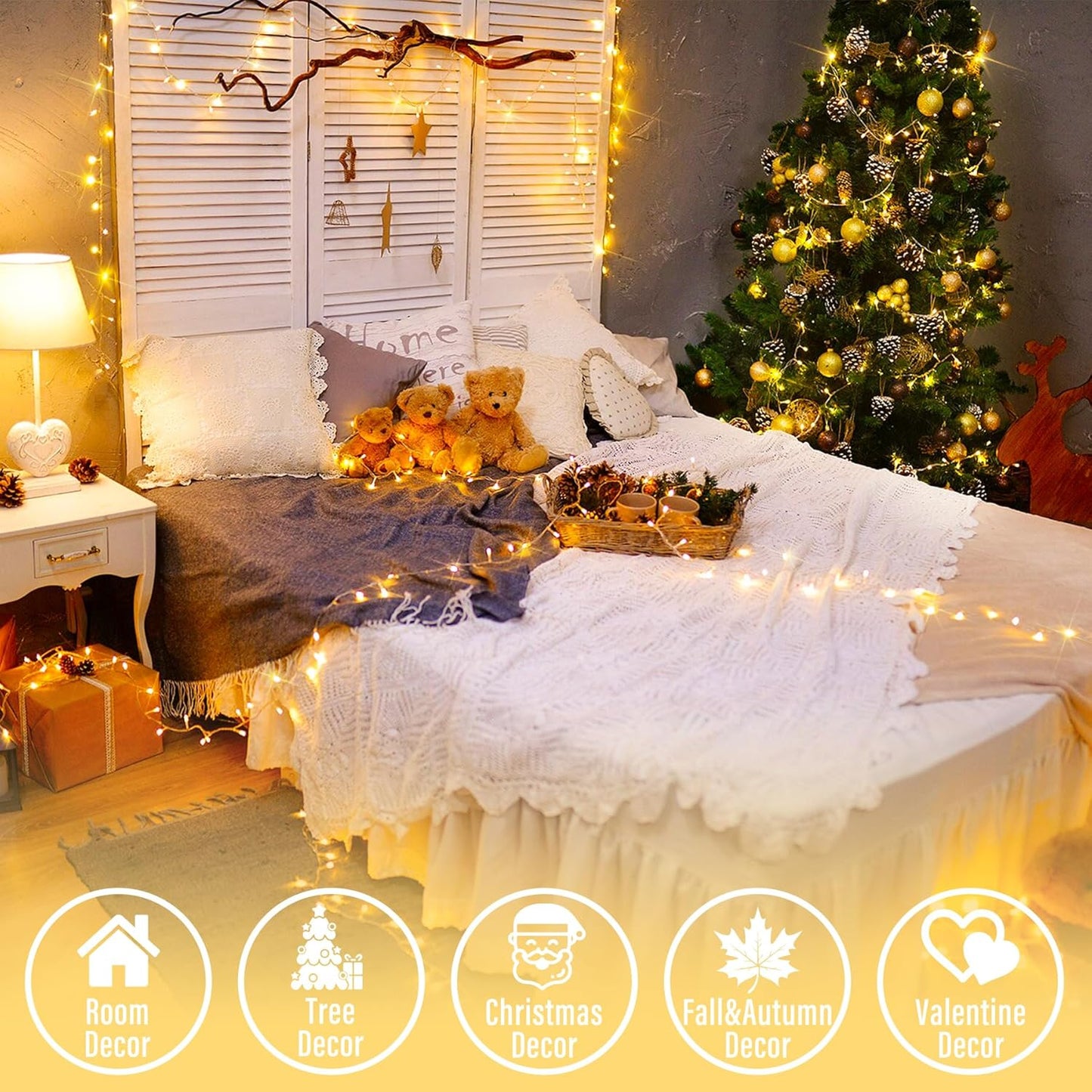 LED Christmas Lights Indoor Outdoor, Connectable Warm White Christmas Tree Lights Clear Wire