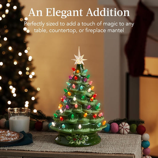 15in Ceramic Christmas Tree, Pre-lit Hand-Painted Tabletop Holiday Tree