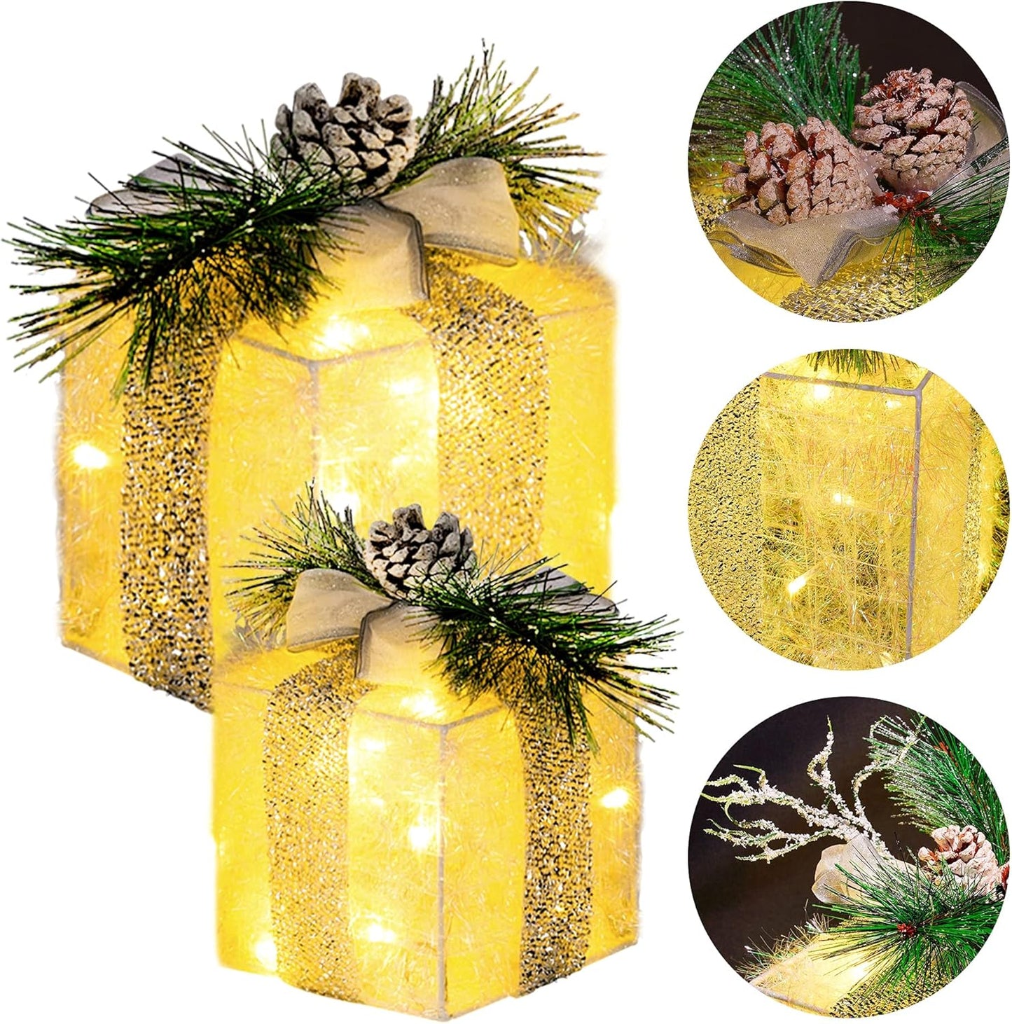 3 Christmas Lighted Gift Boxes, Pre-lit 60 LED Light Up Present Boxes Ornament Outdoor Warm White Tinsel Boxes