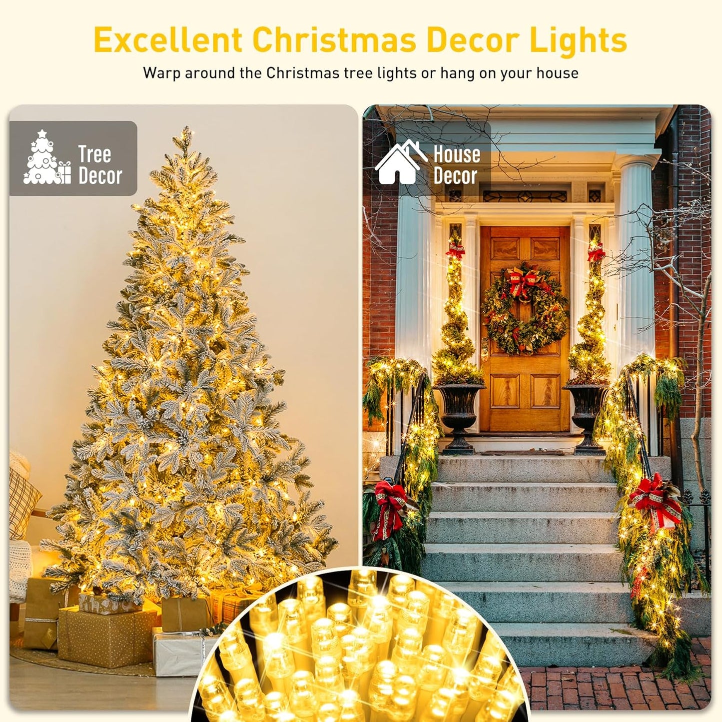 LED Christmas Lights Indoor Outdoor, Connectable Warm White Christmas Tree Lights Clear Wire