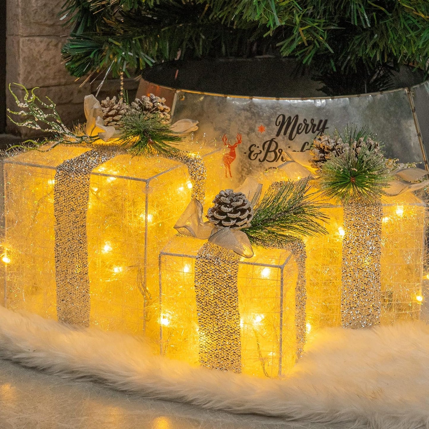 3 Christmas Lighted Gift Boxes, Pre-lit 60 LED Light Up Present Boxes Ornament Outdoor Warm White Tinsel Boxes